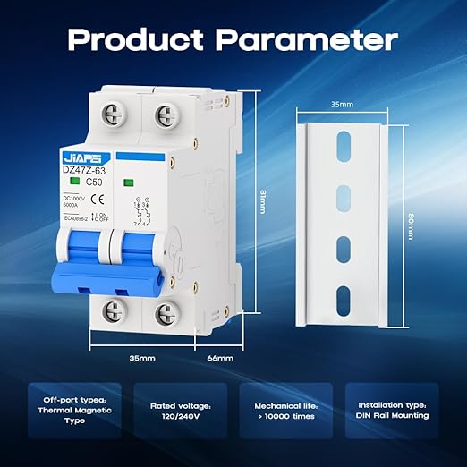 DC Miniature Circuit Breaker, 1000V 2 Pole 50 Amp Isolator for Solar PV System, Thermal Magnetic Trip DIN Rail Mount, C50 DC Disconnect Switch