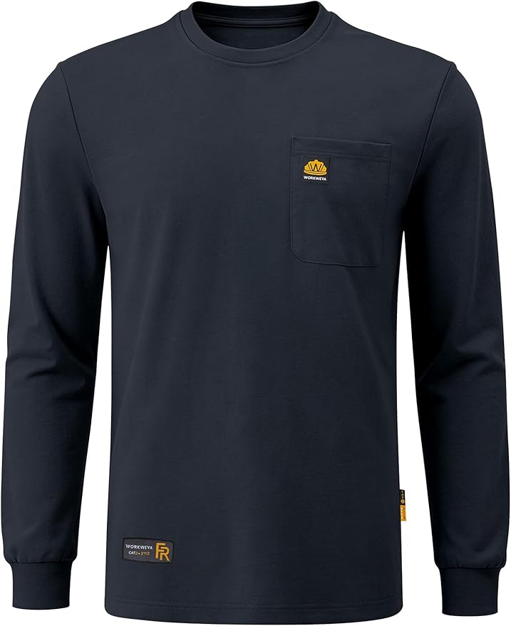 WORKWEYA Men's FR Shirts 6.5oz Lightweight Long Sleeve Flame Resistant T-Shirt NFPA 2112/CAT2