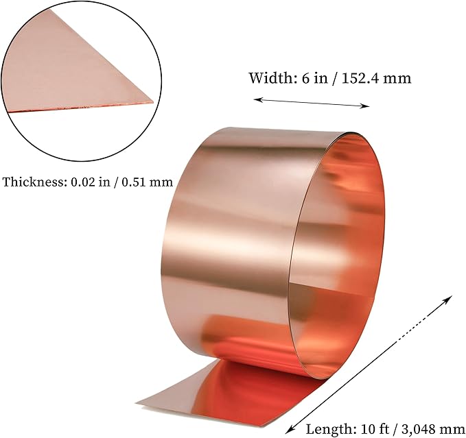 GOORY Copper Flashing 24 Gauge - 6in x 10ft 0.02"(0.51mm) Thickness Roof Flashing Roll - 99.95+% Pure Copper Sheet Metal ASTM B152 - Roofing Repair DIY Project Contractor Jewelry Crafts
