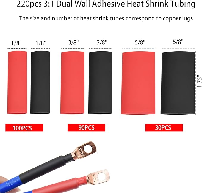 Cable Lug Crimping Tool with 200Pcs Copper Wire Lugs, Battery Cable Lug Crimping Tool Kit for AWG 10-1/0, with Cable Cutter, 220Pcs Heat Shrink Tubing,Battery Terminal Crimper Tool