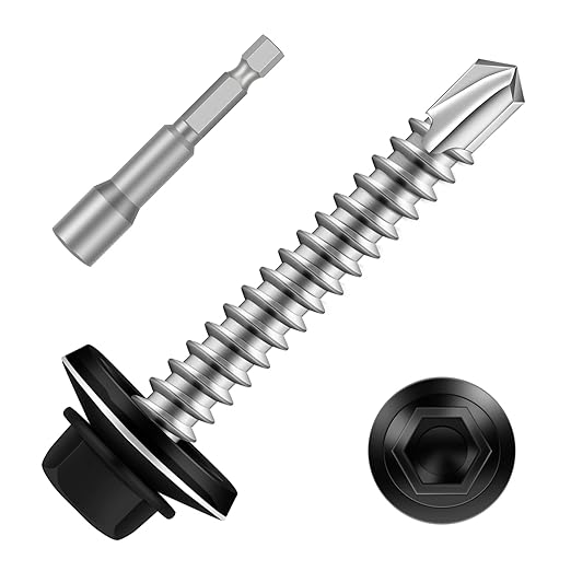 #12 x 3 Zinc Plated Steel Self Drilling Roofing Screws, Hex Head Self Tapping Screws with EPDM Washer, Black Head, 25 PCS