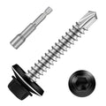 #14 x 2-1/2" Zinc Plated Steel Self Drilling Roofing Screws, Hex Head Self Tapping Screws with EPDM Washer, Black Head, 25 PCS