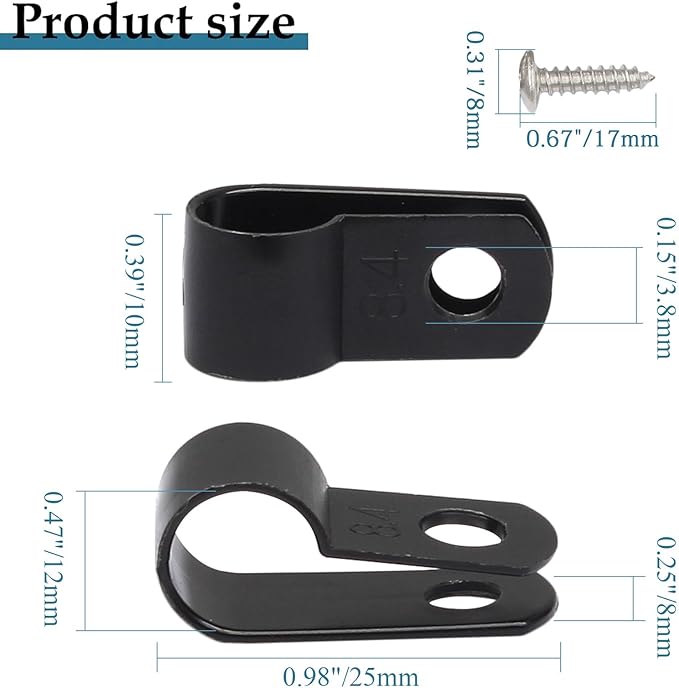 50 Pcs 3/8 Inch Black Nylon Screw Mounting R-type Cable Clip Wire Clamp, 10.4mm Cable Clip Wire Clamp for Wire Management, Stainless Steel Screws Included