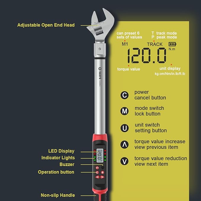 VANPO Hvac Torque Wrench 5-99.6 ft.lb/6.8-135 N.m, 14×18 mm Open End, 38 mm Adjustable Jaw, Accuracy ±2%, LED and Buzzer Notification, Adjustable Torque Wrench for Mini Split AC, Pipeline