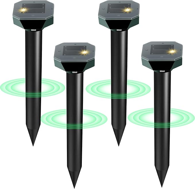 Snake & Mole & Rabbit & Skunk Repellent Solar Powered, Upgraded Ultrasonic Deterrent, IP65 Waterproof, Gopher Groundhog Chipmunk Raccoon and Vole Repellent & Deterrent for Lawn & Garden, 4 Pack