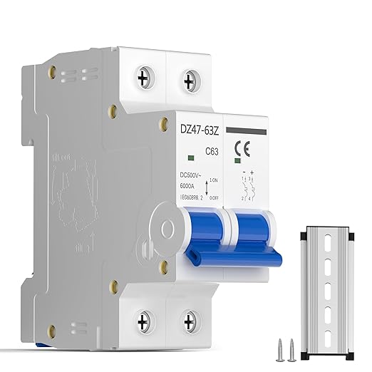 DC Circuit Breaker 10A 2P 500V, Miniature Disconnect Switch for Solar PV System, MCB Thermal Magnetic Trip with DIN Rail Mount C10