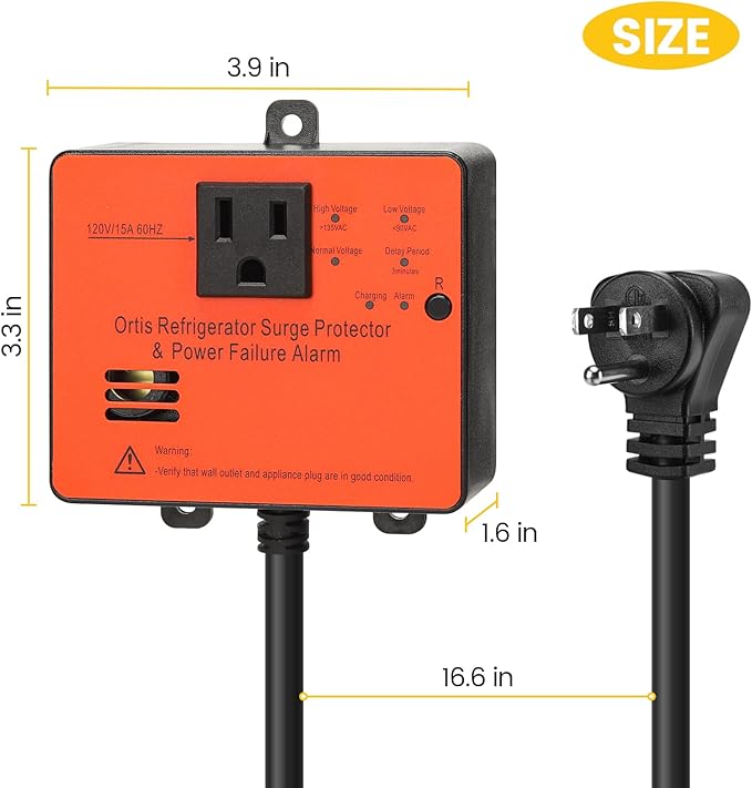 Ortis Refrigerator Surge Protector & Power Failure Alarm, Protects Against Voltage Abnormalities, with LED Indicator Light & 110dB Alarm, Ideal for Refrigerators, Freezers, and Sewage