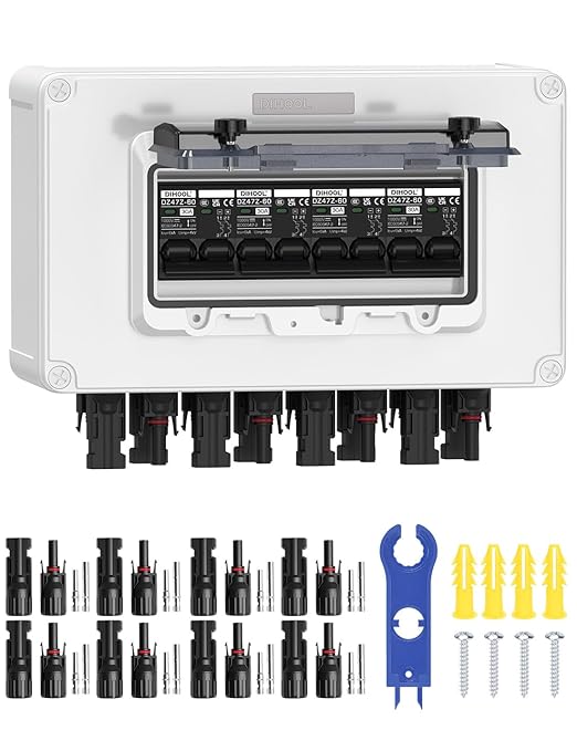 DIHOOL Solar Panel Disconnect Switch 4 String 30 Amp DC Circuit Breaker Box 4 in 4 Out Solar Combiner Box