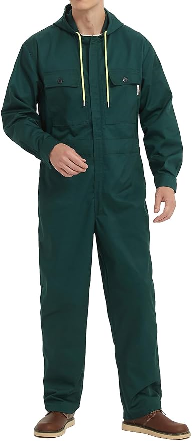 Mens Cotton Blend Long Sleeve Coverall Multi Pockets Zip Overall Mechanic Work Jumpsuit with Hood