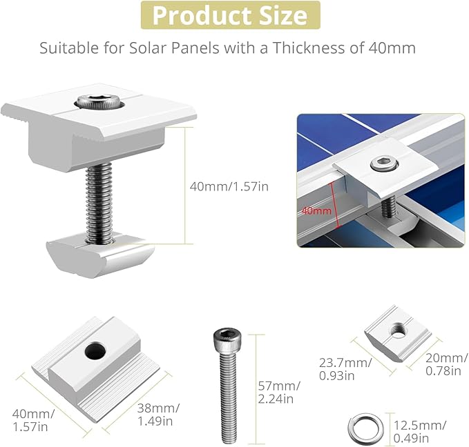Anbte 10pcs Solar Panels Centre Clamps, Aluminium T-Shaped Mid Clamps Include 10 Screws M8 Solar Panel Mounting Brackets for Metal Roof, Tin Roof, Sheet Roof and Any Other Flat Roof, 40mm