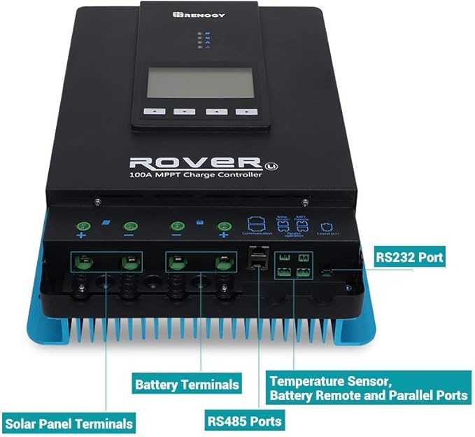 Rover 100A MPPT Solar Charge Controller - DC Input Solar Controller for RV/Marine, Auto-Detect 12V/24V/36V/48V, LCD Display Solar Regulator fit for Gel, Sealed, Flooded and Lithium Battery