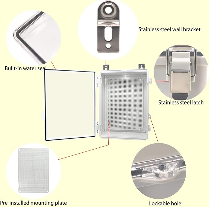 Waterproof Outdoor Electrical Box Junction Box Weatherproof IP67 ABS Plastic Enclosure Switch Router Project Box with Mounting Plate with Wall Bracket 2 Cable Glands Clear 14.6"x10.63"x5.9"