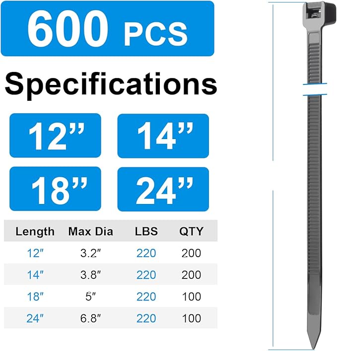XINGO White Zip Ties Heavy Duty Assorted Sizes (12"+14"+18"+24") 600 Pack, 220LBS Ultra Strong Plastic Wire Ties, Large Cable Ties Extra Long Tie Wraps For Indoor and Outdoor Use