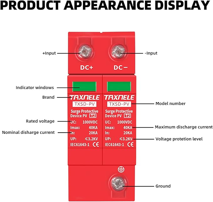 Surge Protective Arrester Device Rail Installation 2P DC SPD 1000V 600V Photovoltaic Lightning Protector House Surge Protective Low-Voltage Arrester Device 40KA (DC 1000V)