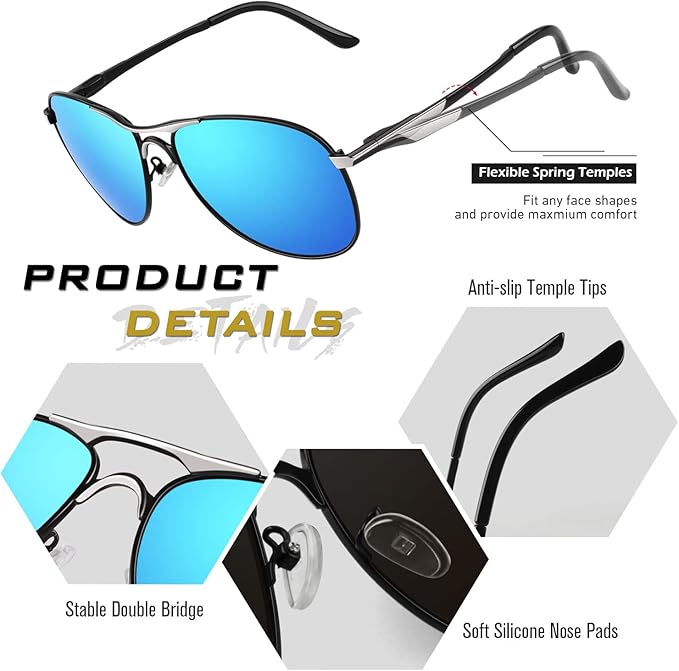 GQUEEN Classic Military Style Pilot Polarized Sunglasses Spring Hinges Al-Mg for mens womens MOS1