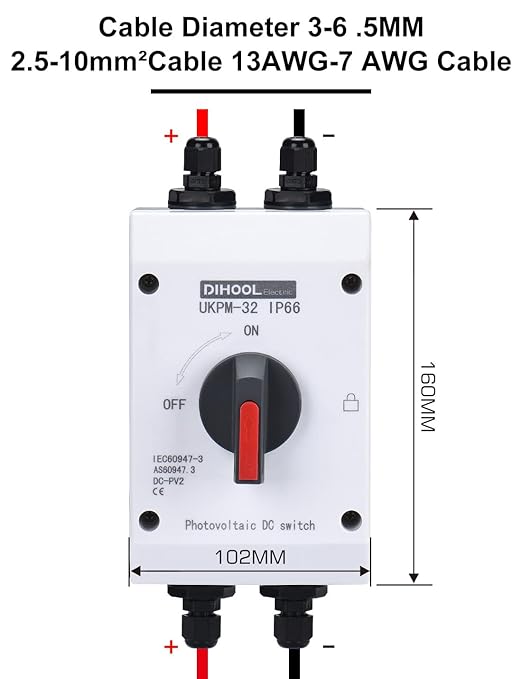 DIHOOL Solar Disconnect Switch,32 Amp DC1200V 4P Isolator,IP66 Outdoor,Cable Glands for 7-13 AWG Wire