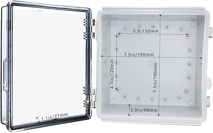 Waterproof Outdoor Electrical Box Junction Box Weatherproof IP67 ABS Plastic Enclosure Switch Router Project Box with Mounting Plate with Wall Bracket 2 Cable Glands Clear 8.27" x 8.27" x 5.12"