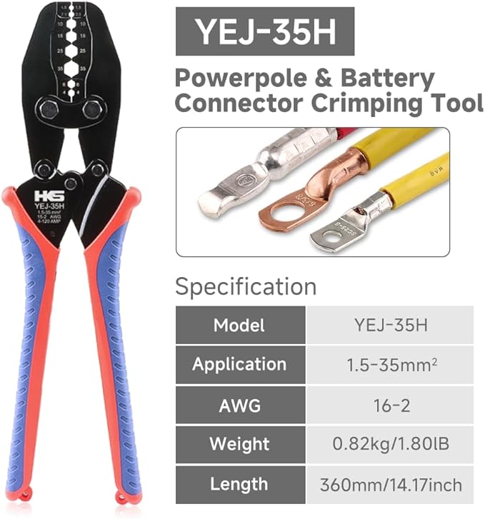 HKS Hex Crimping Tool for 16–2 AWG, Battery Lug Crimper for SB50 SB120 SB175 Power Connectors, 50/75/120A Hex Crimper for Jumper Cables, Solar & Non-Insulated Butt Connectors