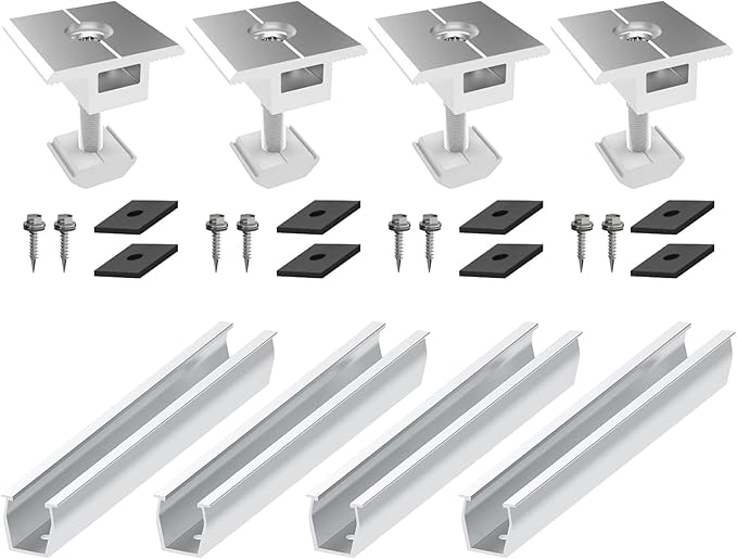 Solar Panel Roof Bracket Aluminium Solar Panel Mounting Rails Roof Rail Clamps PV Solar Mounting Rail Connector Installation Kit for Tin Roof, Flat Roof, Sheet Roof (4 x 200mm Rail + 4 x 30mm Clamp)