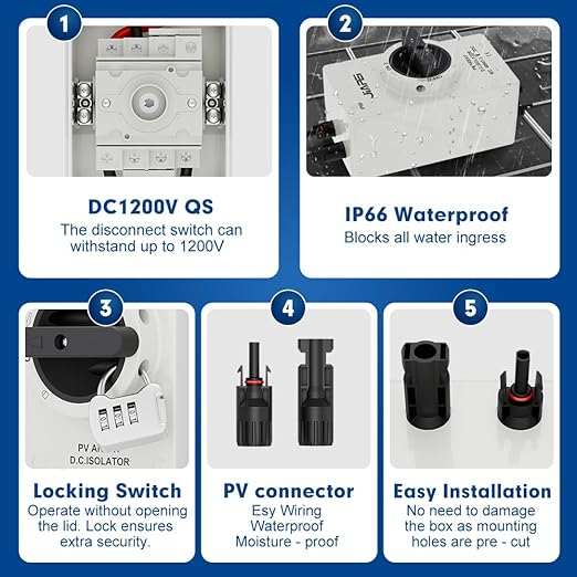 Isolator Switch, Solar Disconnect Switch, 32 Amp DC1200V, with IP66 Waterproof Enclosure, for Rooftop Solar Systems, RVs and Boats