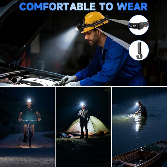 Rechargeable Headlamp High Lumen, 3000L Super Bright Head Lamp, 90° Rotatable Head Lights for Forehead, Adjustable Focus Headlight Flashlight, 4Modes LED Headlamps for Adults Hardhat Camping (4Pack)