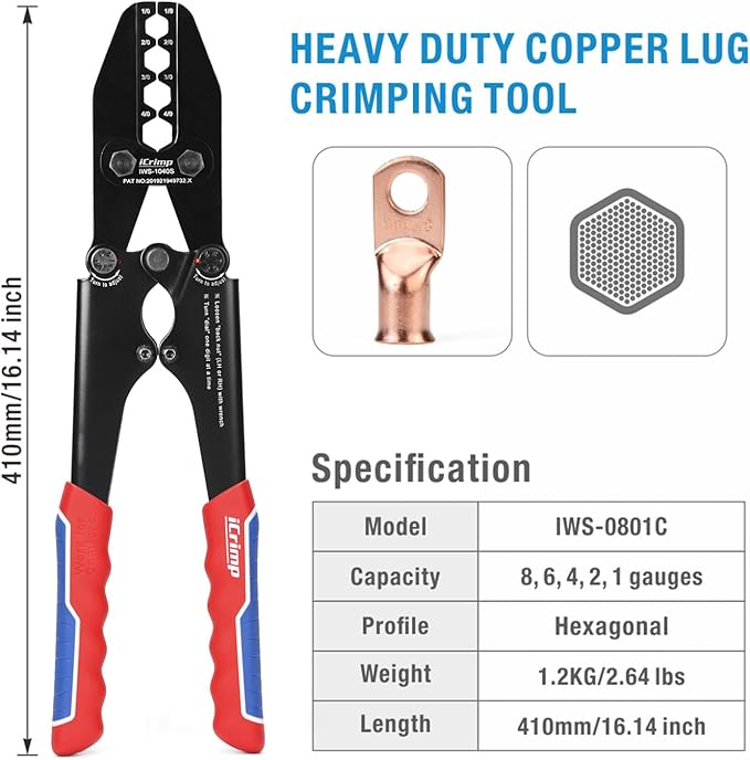 iCrimp Battery Cable Lug Terminal Crimping Tool, for 1/0, 2/0, 3/0, 4/0 Gauge, Battery Cable End, Heavy Duty Lug, Copper Wire Lug Crimper