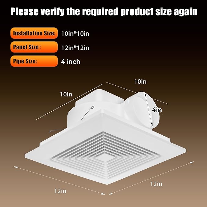 Bathroom Exhaust Fan 12" Panel Ultra Quiet without Light（10x10 Mount）, 1.0 Sone 130CFM, 4" Duct for Bathroom/Garage/Home
