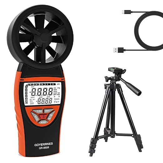 Handheld Anemometer with Tripod, for Wind Speed Temp Humidity, Digital Rechargeable Air Flow Gauge Meter, Portable CFM Measuring Device for HVAC Outdoor Shooting Golf Drone Flying