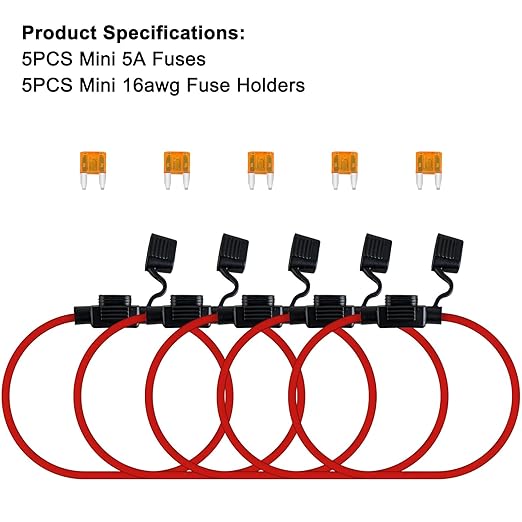 MuHize Inline Fuse Holder - Upgraded 14AWG Waterproof Mini Fuse Holder with 5A ATM Mini Blade Fuses, 5 Pack Line Fuses Holders for Automotive Marine RV