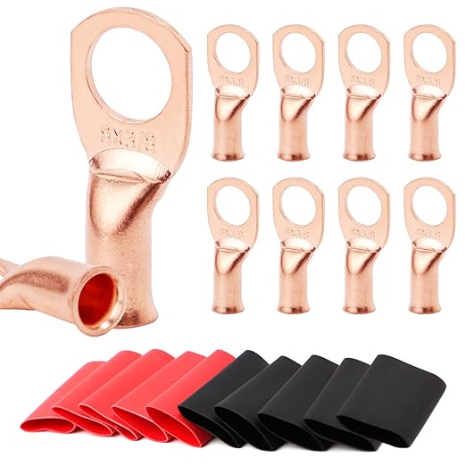 TKDMR 10pcs 8 AWG-3/8 Battery Lugs,Heavy Duty Wire Lugs,Ring Terminals,Battery Cable Ends,0 Guage terminals,Battery Terminal Connectors with 10pcs 3:1 Heat Shrink Tubing