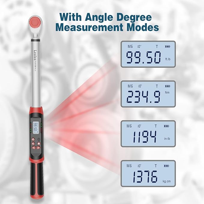 Leolee 3/8-Inch Drive Digital Torque Wrench with Angle, 5-99.5 Ft-Lb/6.8-135 Nm, Electronic Torque Wrench with Preset Value, LED Flash Notification for Bike Motorcycle Car