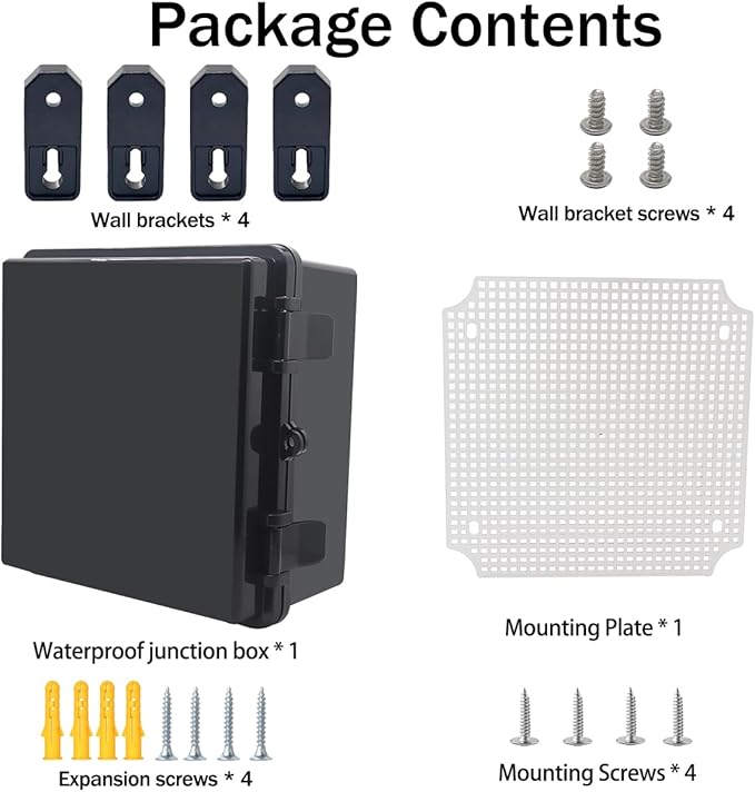 Junction Box, Hinged Black Cover IP67 Waterproof ABS Project Box with Mounting Plate Electrical Box Enclosure with Wall Bracket 8.3 x 8.3 x 4.3inch(210x210x110mm)