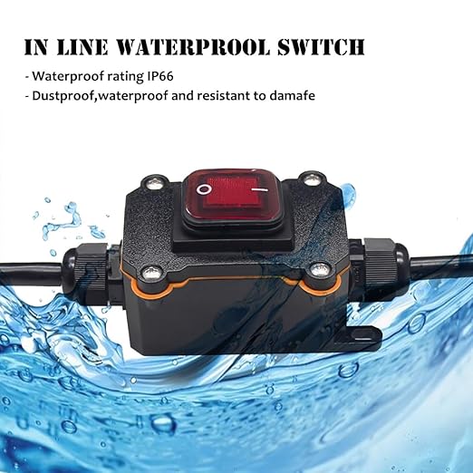 Waterproof Inline Cord Switch,DPST AC 20A-125V,16A-250V On Off Toggle Switch with Red Light Rocker Button Switch,Outdoor Start Stop Switch,Two Side Entry and Exit Line