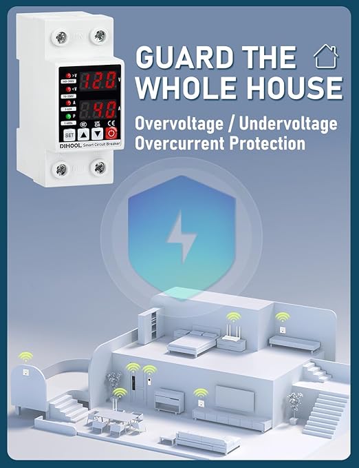 DIHOOL Adjustable Voltage Protector 110V 220V, Low/High Voltage Cutoff and Overcurrent Protection, 70-200V Undervoltage, 140-300V Overvoltage, 1-63A Smart Circuit Breaker AC Disconnect, DIN Rail Mount