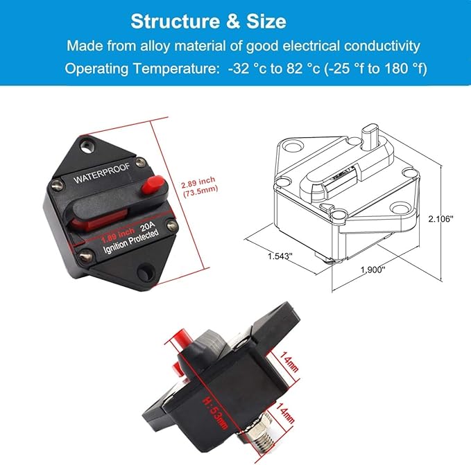 Hi-Amp 20Amp Circuit Breaker 12V-32V DC Waterproof, 10-300A Fuse Inverter with Manual Reset Button for Auto Truck RV Marine, Panel Mount (20A)