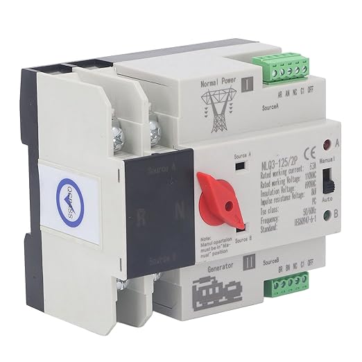 Power Automatic Transfer Switch - 2P Generator Transfer Changeover Switch AC110V, 50Hz 60Hz, 63A for Continuous Power Supply
