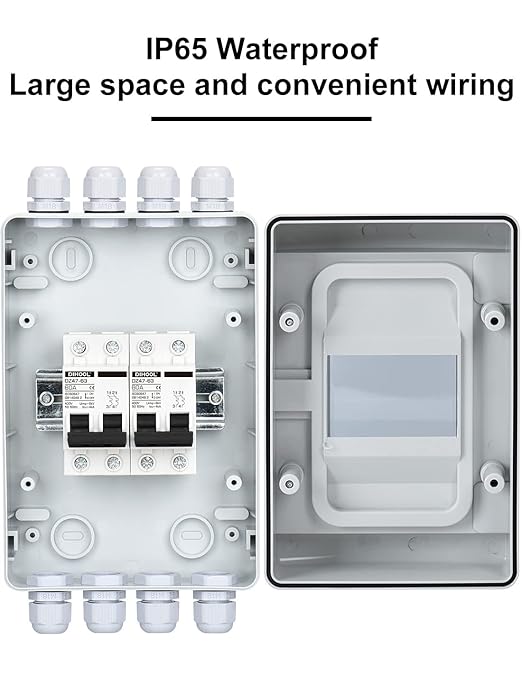 DIHOOL DC Circuit Breaker Box Cover with UV-Proof, 60 Amp Electrical Power Distribution Box 2 in 2 Out, PV Solar Disconnect Switch