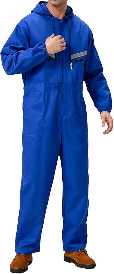 Mens Work Coveralls Mechanic Hooded Overall Workwear Jumpsuits Long Sleeve Hi Viz Coverall with Zippers
