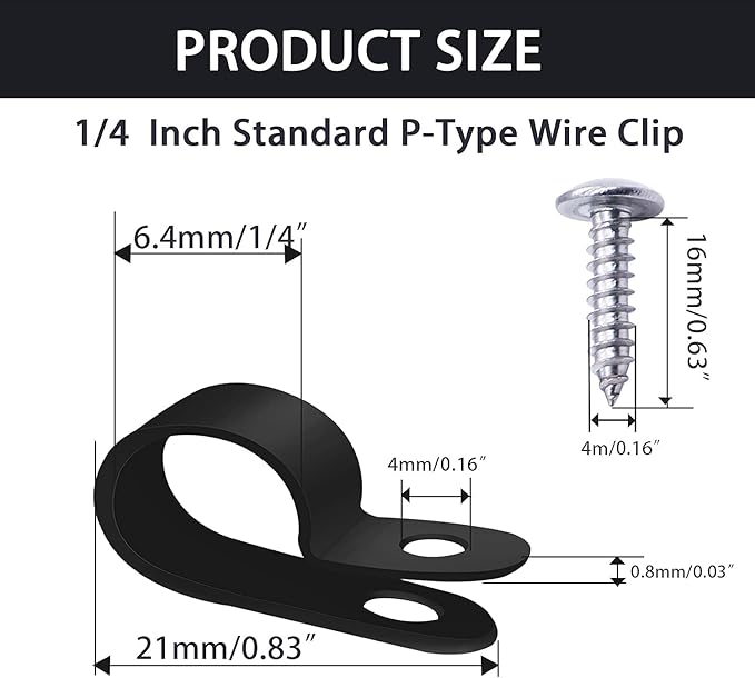 mankk 100PCS 1/4 Inch Rope Light Clips P-Style Mounting Clips Plastic Cable Clamps with Compatible Stainless Steel Pan Head Phillips Screws for Wire Management M-034-BK-LS