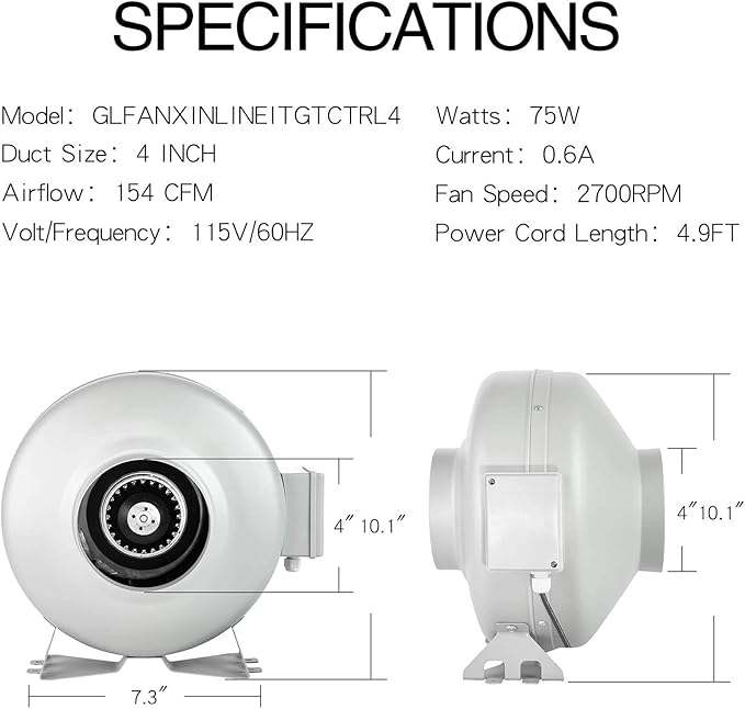 iPower 4 Inch 154 CFM Inline Ventilation Fan with Variable Speed Controller and 4” Air Carbon Filter 8 Feet Ducting, Combo Set for Grow Tent