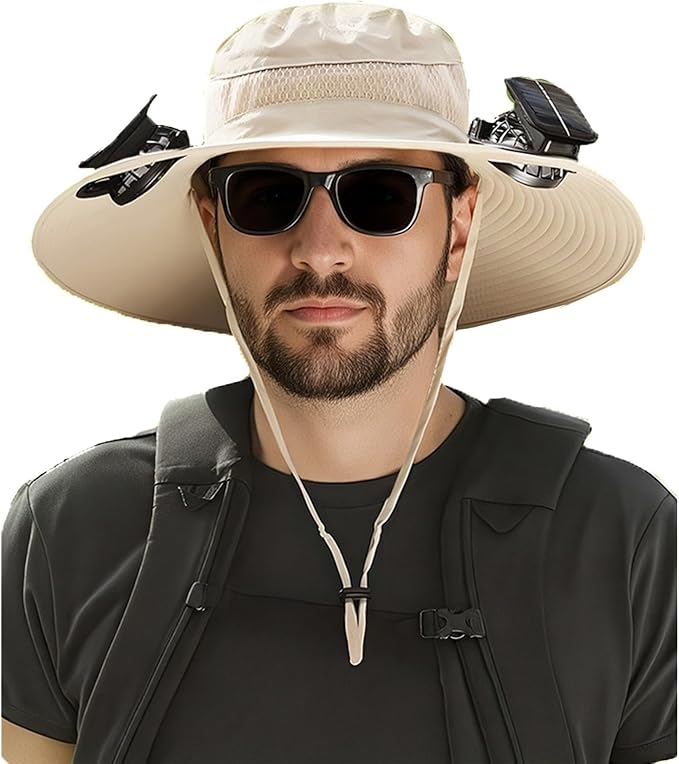 Solar Fan Hat with Dual Fans – Solar Powered Wide Brim Hat with Removable Fans for Outdoor Activities | USB & Solar Charging | Ideal for Fishing, Hiking, Gardening, and Outdoor Sports Khaki