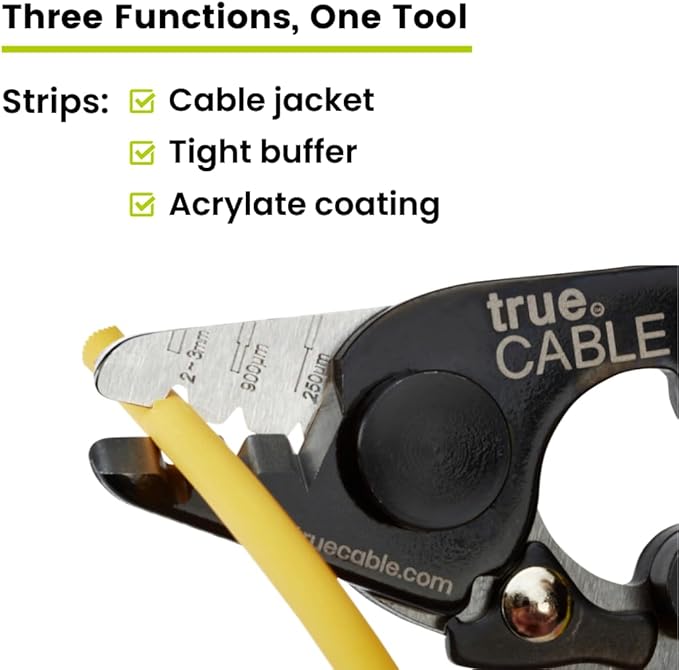 trueCABLE Professional Grade 3 in 1 Fiber Optical Cable Stripper, Precision Angled Jaw, 6" Fiber Optic Stripper Tool with TPU Grip for 1.6-3.0mm Jackets, 250-900μm Tight Buffer & Loose Tube