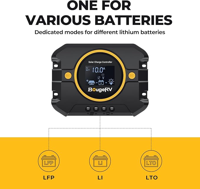 BougeRV Li 10A PWM Solar Charge Controller 12V 24V, Solar Panel Regulator w/ Backlit Display, USB Port, Adjustable Parameter, for Lithium, AGM, SLD, Gel Battery, for RV, Off-Gird, Negative Ground