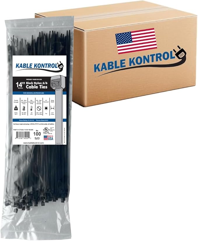 Kable Kontrol Made in USA Cable Zip Ties, 5000 Pcs 14 Inch Black, 50 Lbs Tensile Strength, Bulk Pack, Self-locking UV Resistant Plastic Nylon Wire Ties, for Indoor or Outdoor Use