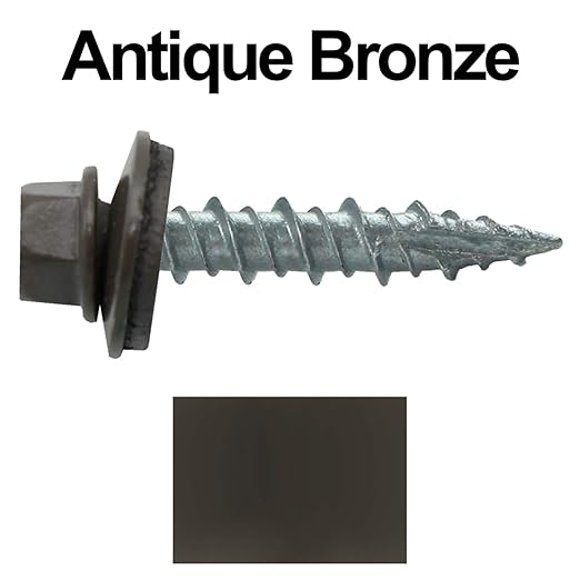 Metal Roofing Screws: (250) 10 x 1 Antique Bronze Hex Head Sheet Metal Roof Screw. Self Starting Metal to Wood siding Screws. EPDM Washer. Colored Head