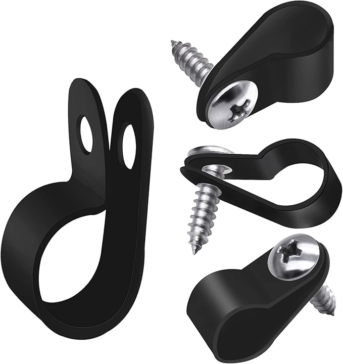 mankk 100PCS 3/8 Inch Rope Light Clips P-Style Mounting Clips Plastic Cable Clamps with Compatible Stainless Steel Pan Head Phillips Screws for Wire Management M-032-BK-LS
