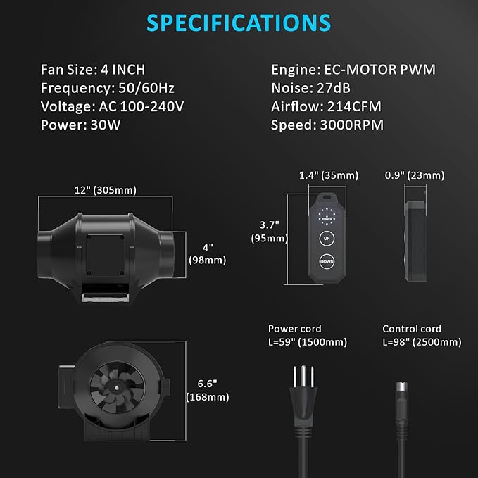 Toolazy Pro 4" Inline Duct Fan 214CFM with 10-Speed Digital Button Controller - EC Motor Ventilation Kit for Basement Dehumidification, Hydroponic Systems & Grow Tent Air Exchange (Ultra-Quiet Design)