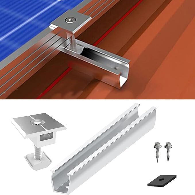 Solar Panel Roof Bracket Aluminium Solar Panel Mounting Rails Roof Rail Clamps PV Solar Mounting Rail Connector Installation Kit for Tin Roof, Flat Roof, Sheet Roof (4 x 200mm Rail + 4 x 30mm Clamp)