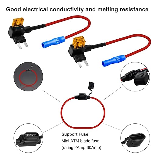 MuHize Mini Fuse Tap Kit - Inline 14AWG Fuse Holders, Upgraded Fuses Taps with 120 Pack Mini Fuses(2A/3A/5A/7.5A/10A/15A/20A/25A/30A/35A) for Car Camper
