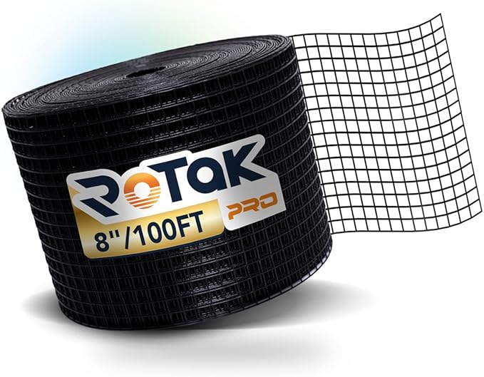 Rotak Critter Guard PRO - 8in x 100ft Solar Panel Bird Prevention Roll Kit Pairs - Heavy Duty Galvanized Black PVC Coated ½ inch Wire Roll Mesh (8" x 100)